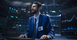 Adult Stock Exchange Broker Working on a Desktop Computer with Real-Time Stock Information, Commodities and Exchange Market Charts.