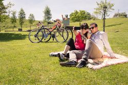 Couple in love taking a selfie photo on the park