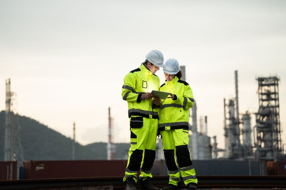 Engineer worker watching work monitor on digital tablet at refinery factory at night