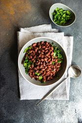 Top view of bowl of Georgian lobio dish atop napkin with cilantro