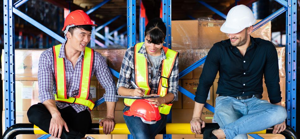 Colleagues taking a break in distribution warehouse