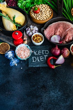 Raw meats with aromatics with keto diet sign with copy space