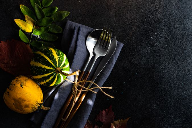 Cutlery on navy napkin with autumn leaves and mini squash
