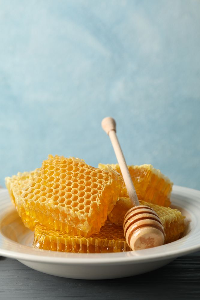 Plate with dipper and honeycombs on wooden background, space for text