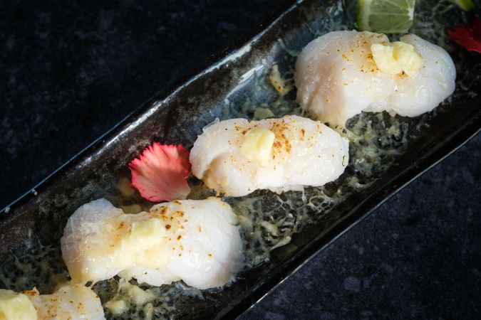 Delicious and yummy Japanese sushi rolls served on tray