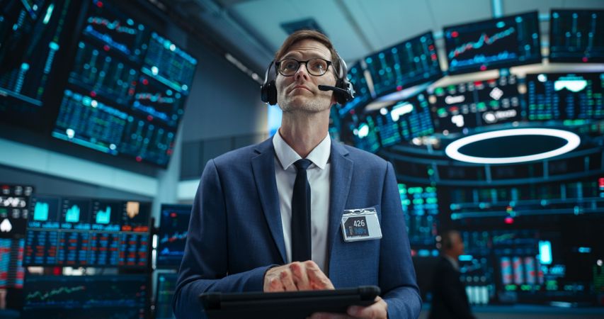 Portrait of a Successful Stock Exchange Manager Wearing Headphones, Working in Modern Office.