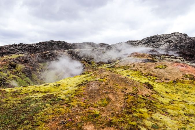 Mountain with a green and yellow landscape