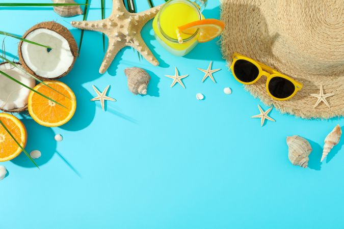 Flat lay composition with summer vacation accessories on color background, space for text and top view. Happy holidays