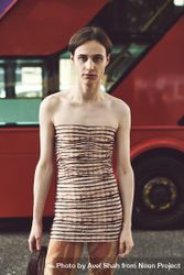 London, England, United Kingdom - September 18 2021: Person in sleeveless shirt in front of a bus 41DMg5
