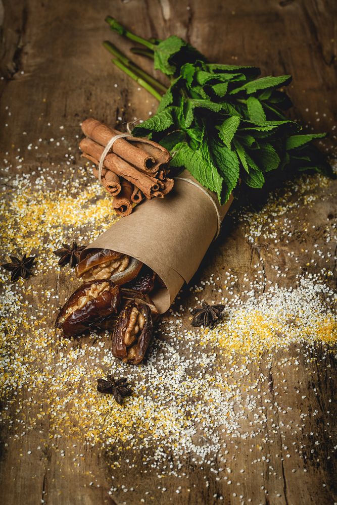 Dates fruits with walnuts, mint and cinnamon for Ramadan