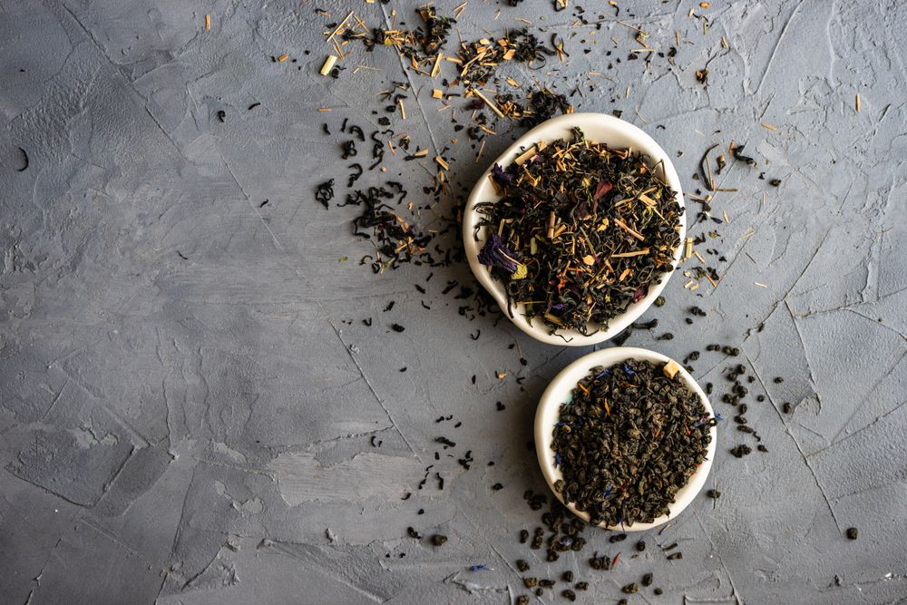 Top view of fragrant tea in a bowl