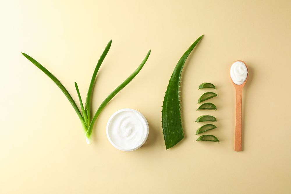 Flat lay composition with natural treatment accessories on color background, space for text and top view. Aloe vera