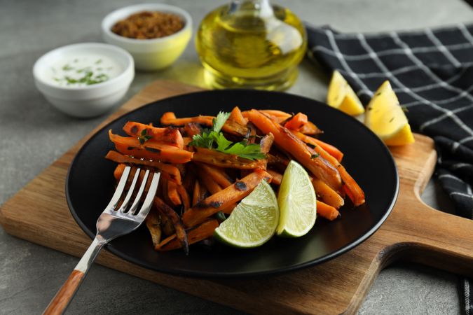 Concept of tasty food, fried sweet potato, close up