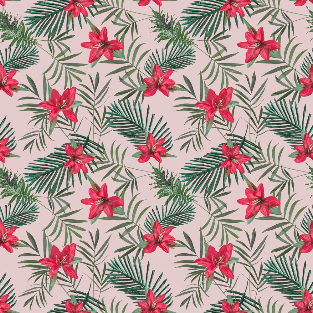 Pattern with leaves and red flowers on blush pastel background