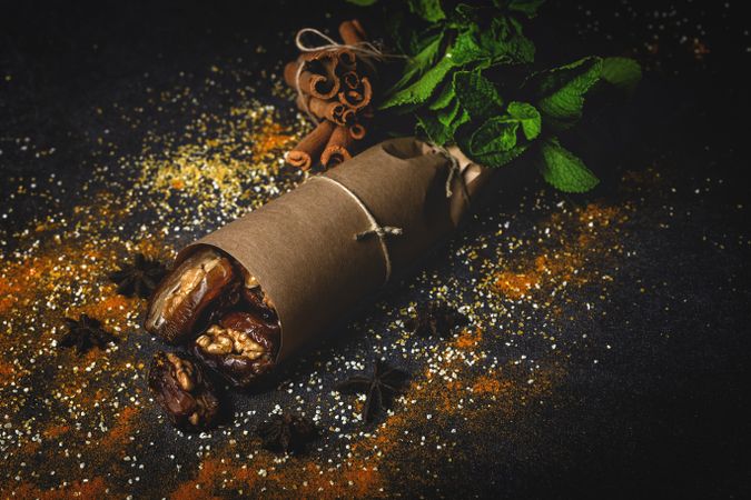 Dates fruits with walnuts, mint and cinnamon for Ramadan