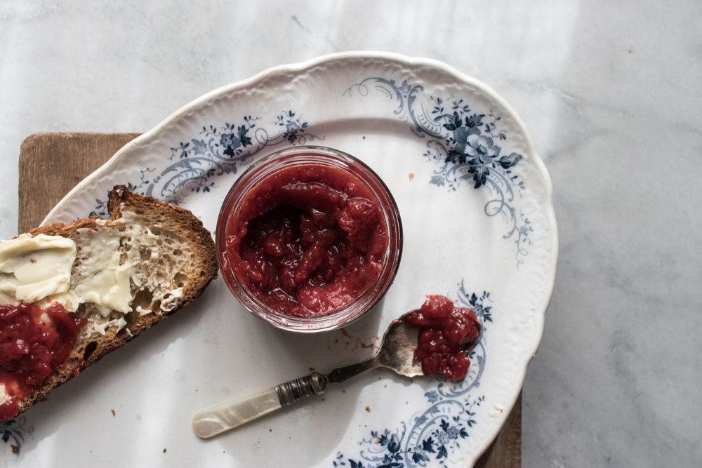 Served breakfast meal with toast and jam