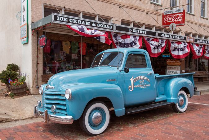 A 1950s-vintage truck outside a general store in Jefferson, Texas
