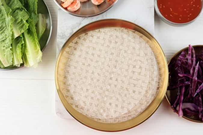 Top View Rice Paper with Ingredient for Making Vietnam Spring Roll