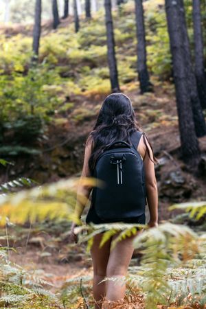 Back view of a woman hiking in the forest