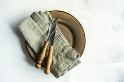 Top view of rustic table setting on marble table