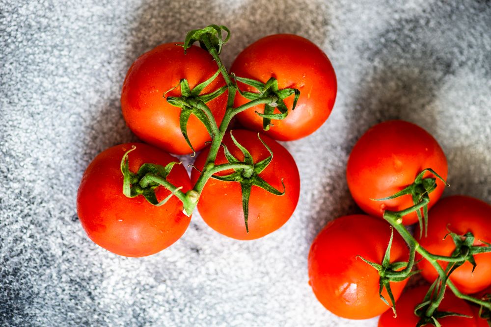 Top view of fresh tomatoes on the vine on grey counter