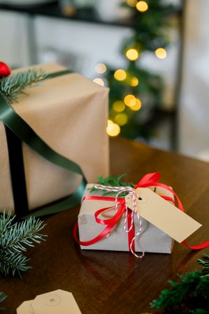 High angle view of Christmas present on table