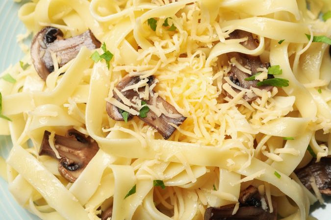 Tasty pasta with cheese and mushrooms, close up