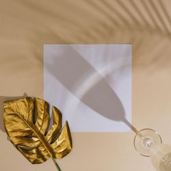 Wine glass with golden leaf and square paper on beige background with palm leaf shadow