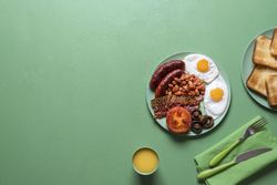 Large breakfast with orange juice