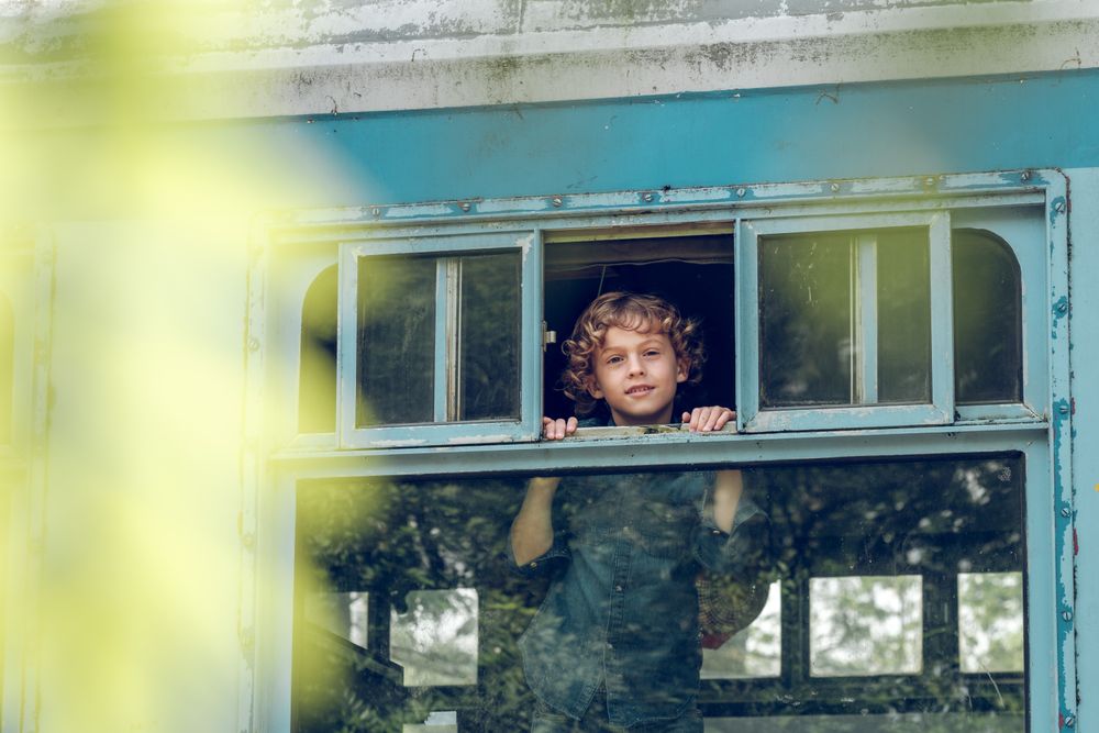 Smiling boy in train near window