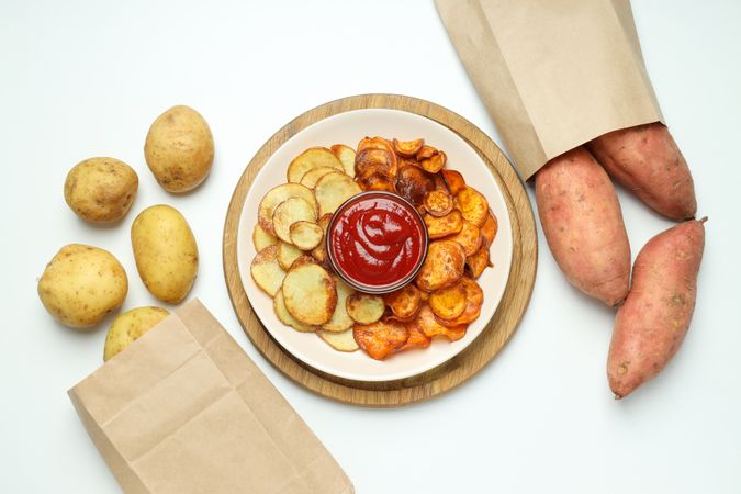 Concept of tasty food, fried sweet potato, top view