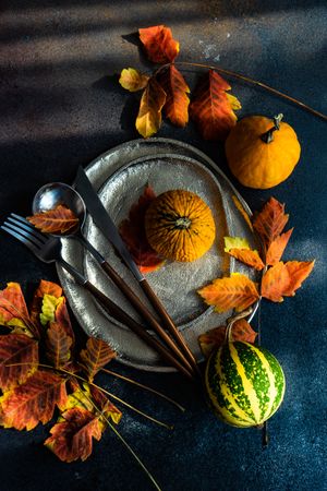 Top view of fall table settings of ceramic plates with leaves, gourds and cutlery