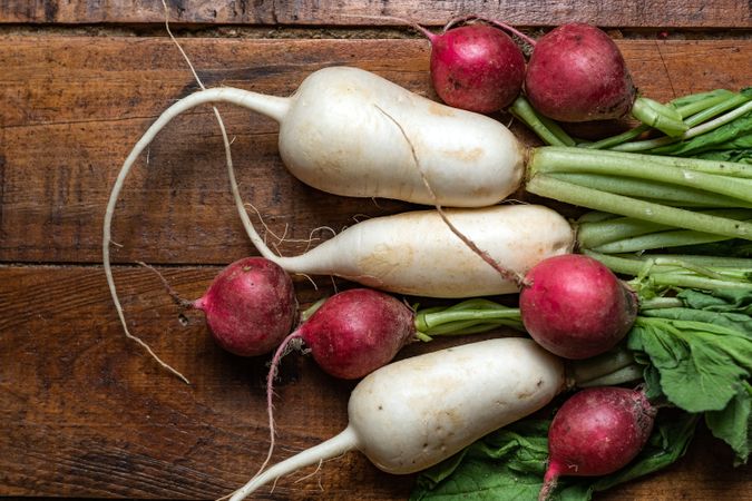Red radish and daikon on wooden table