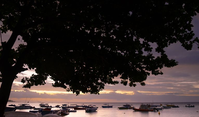 Boats anchored in shallow water at dusk