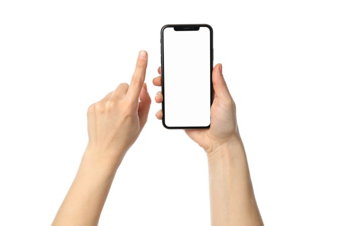 Female hands holding phone with empty screen, isolated on blank background