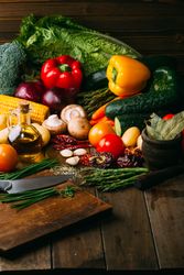 Cooking ingredients and utensils on table