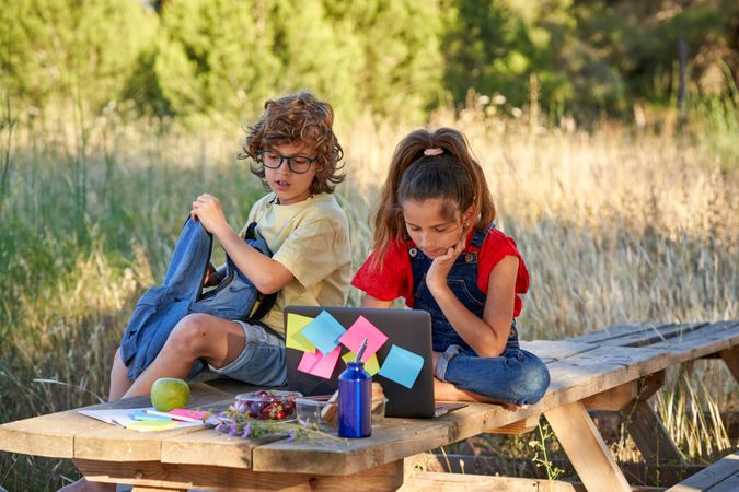 Children sitting on picnic table and browsing laptop