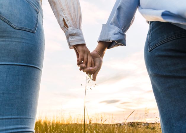 couple holding hands on a beautiful field at sunset