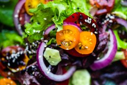 Close up of tomatoes and onions on organic vegetable salad 