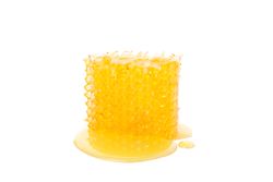 Piece of honeycomb isolated on blank background, close up