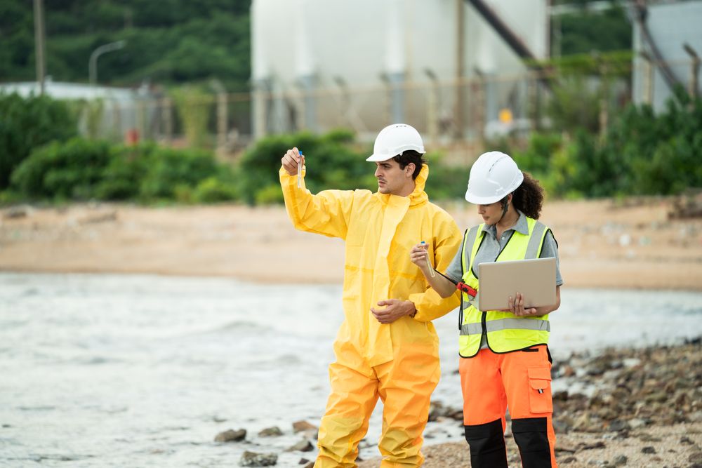 Environment scientist analysing waste water test results and collecting sample for research or inspection of the ecosystem and study of nature from an industrial factory into the sea
