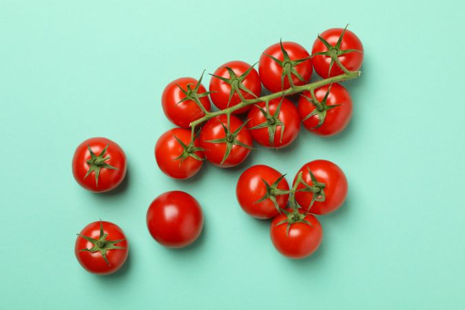 Fresh ripe tomatoes on mint background, top view