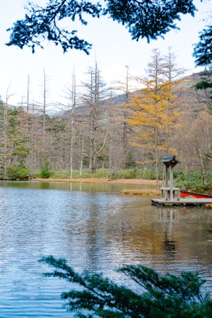 Myojin Pond with Hotaka Shrine in Kamikochi in Autumn, Japanese Alps, Chubu Sangaku National Park