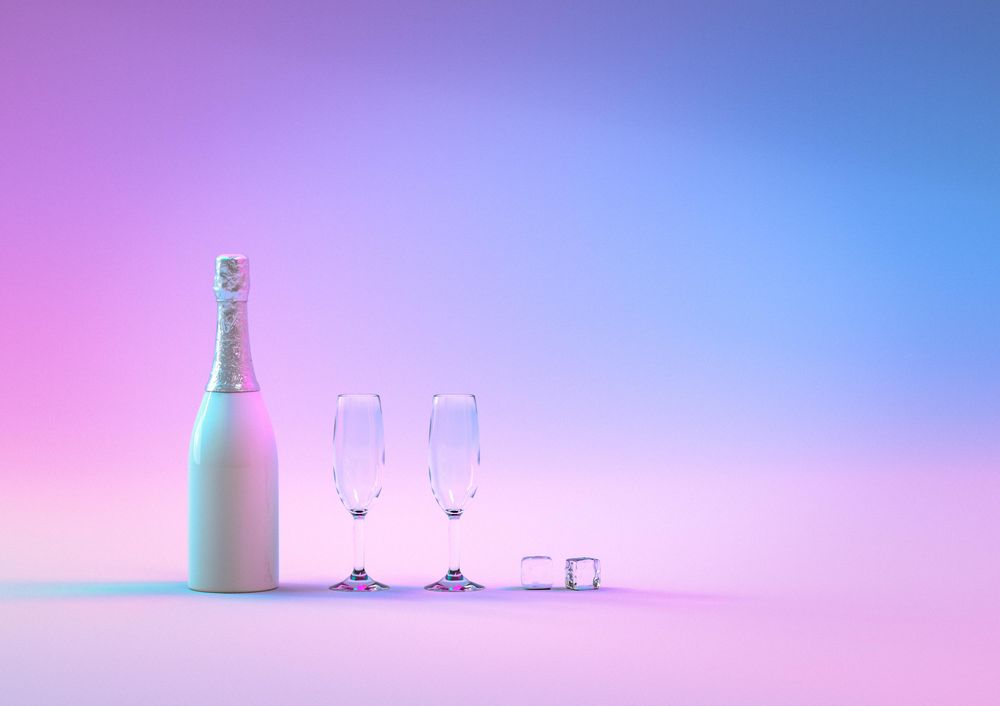 Champagne bottle with glasses ultraviolet and holographic neon lights