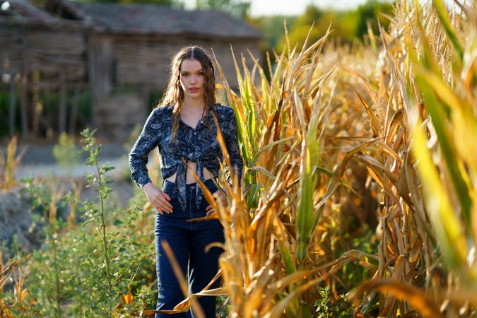 A young woman enjoying her time in a cornfield during the beautiful golden hour light