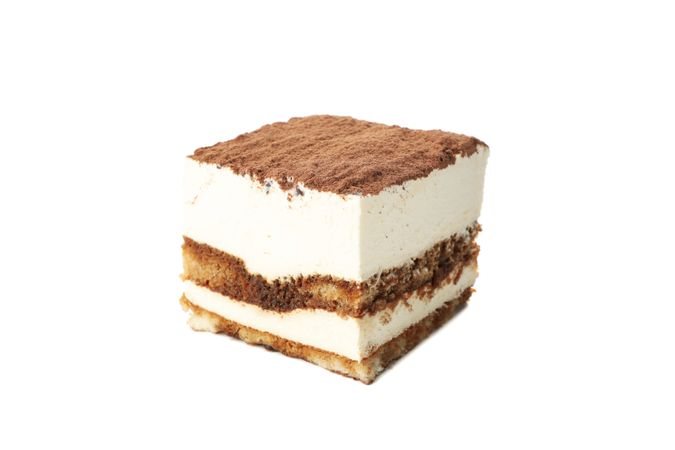 Sweet tiramisu isolated on blank background. Tasty dessert