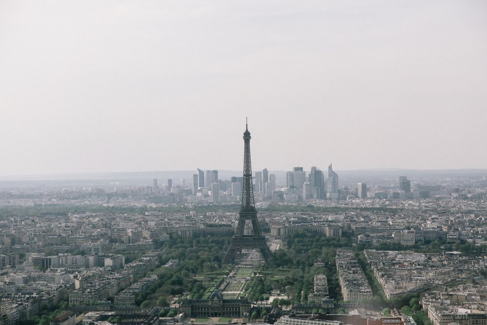 Aerial view of Eifel tower at sunset in Paris, France