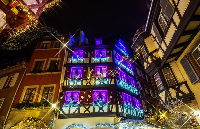 Purple Christmas lighting in Colmar, Alsace, France
