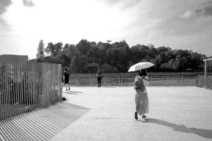 Back view of woman holding an umbrella walking outdoor in grayscale