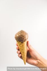 Hand holding chocolate ice cream cone, vertical 5zk1o4